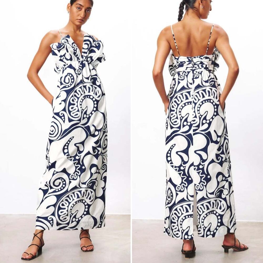 NWT Mara Hoffman Raquel Maxi‎ Strap Floral Dress White Navy V neck Size 2 - Picture 3 of 11